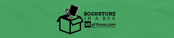 A box with a book and a price tag next to text that says Bookstore in a Box by 10ofthose.com