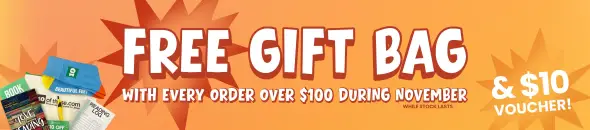 An orange desktop banner featuring a photo of a collection of items: a 10ofthose.com gift pouch, a book called A Love of Reading, 10ofthose socks, a 10ofthose pen, a $10 off voucher, and a reading log next to text that reads: Free Gift Bag with every order over $100 during November while stock lasts. Next to this text, there is an orange burst with white text that reads: & $10 voucher!