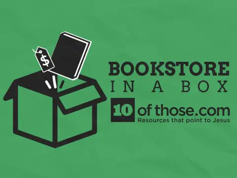 A box with a book and a price tag next to text that says Bookstore in a Box by 10ofthose.com