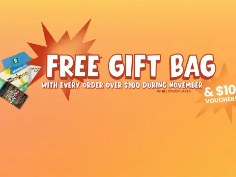 An orange mobile banner featuring an image of a bundle of items: a 10ofthose.com gift bag, a 10ofthose pen, 10ofthose socks, a reading log, a $10 off voucher, and a book tracker, as well as the book A Love of Reading. Next to this image is a title reading: Free Gift Bag with every order over $100 during November while stock lasts. Next to this is additional text reading: & $10 voucher!
